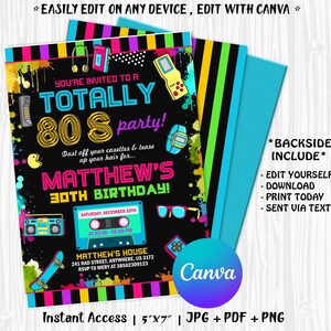 Convite editável de aniversário dos anos 80, convite de festa dos anos 80, convite dos anos 80, convite de festa de aniversário dos anos 80 com CANVA