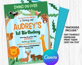 Bewerkbare Safari verjaardagsuitnodiging, Party Animals verjaardagsuitnodiging, Girl Safari, Safari Party met CANVA