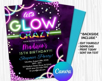 EDITABLE Glow Invitation, Neon Glow Birthday Invitation, Glow Birthday Invite, Glow Invite, Glow in the Dark Party