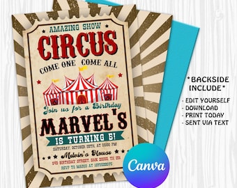 Carnival Birthday Invitation, Circus Party, Circus invitation | Editable Instant Download | INSTANT ACCESS Edit Online NOW Canva