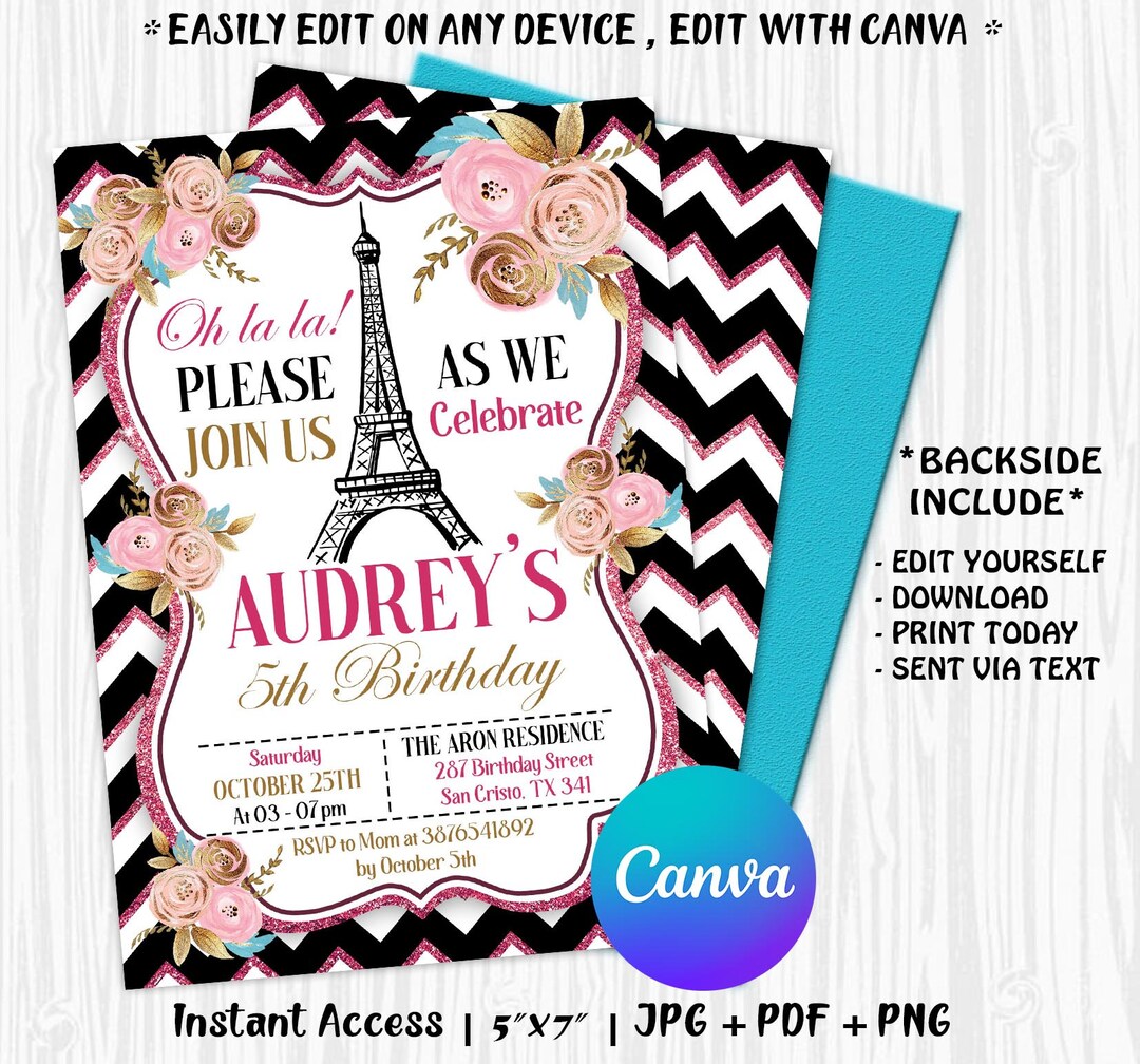 Editable Paris Birthday Invitation, Paris Invitation, Paris ...