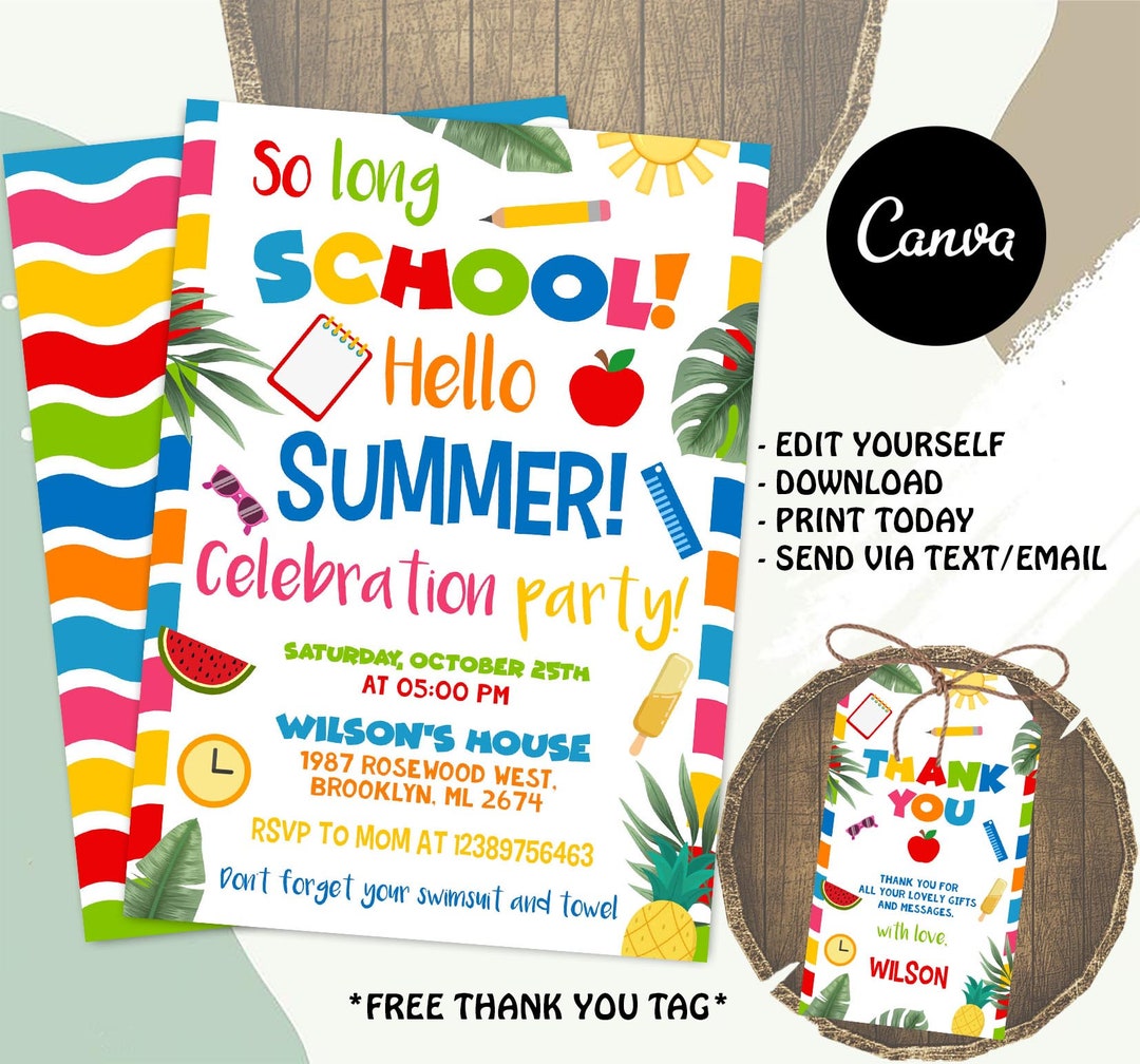 Editable End of School Party Schools Out Party Invitation, Download ...