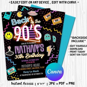 Faire-part d'anniversaire des années 90, invitation de fête des années 90, invitation d'anniversaire des années 90, fête d'anniversaire rétro, invitation mobile, modifiable avec CANVA