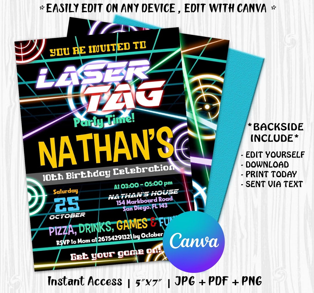 EDITABLE Laser Tag Birthday Invitation, Laser Tag Party Invitation ...