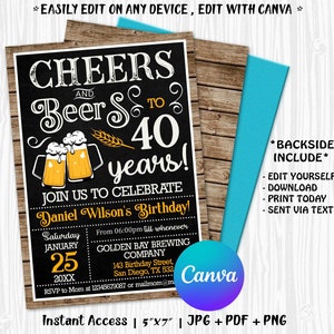 Cheers and Beers Surpresa para Convite de Festa de Aniversário de 40 Anos. Cheers and Beers para 40 Anos. Convite para Festa de Aniversário de 40 Anos