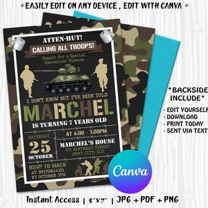Editable Army Invitation, Army Birthday Invitation, Army Invitation, Army Party,INSTANT DOWNLOAD with Canva