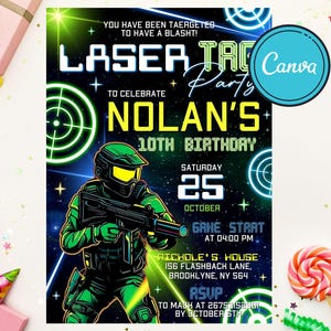 EDITIERBARE Laser Tag Geburtstagseinladung, Laser Tag Party Einladung Vorlage, Neon Glow Laser Tag, Jungen Geburtstagsfeier, Sofort Download CANVA
