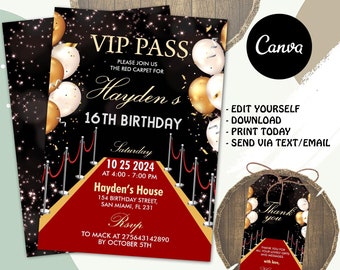 Editable Red Carpet Birthday Invitation, Red Carpet Event Hollywood Invitation, Red Carpet Party Printable with CANVA