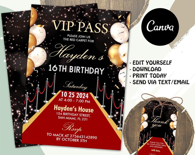 Editable Red Carpet Invitation, Red Carpet Event Ticket, Hollywood