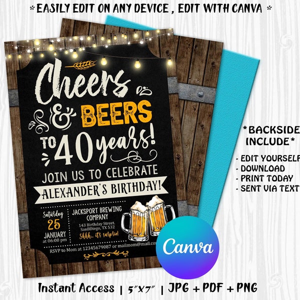 Cheers and Beers Surprise to 40 Years Birthday Party Invitation. Cheers and Beers to 40 Years. 40th Birthday Party Invitation