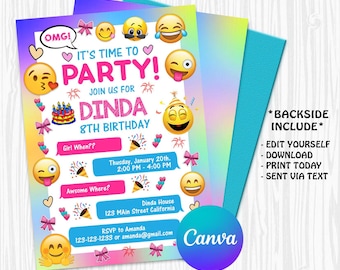 Emoji Invitation, Emoji party invitation, Emoji Party, emoji birthday invitation, Girl Birthday invitation, Emoji invite Download CANVA