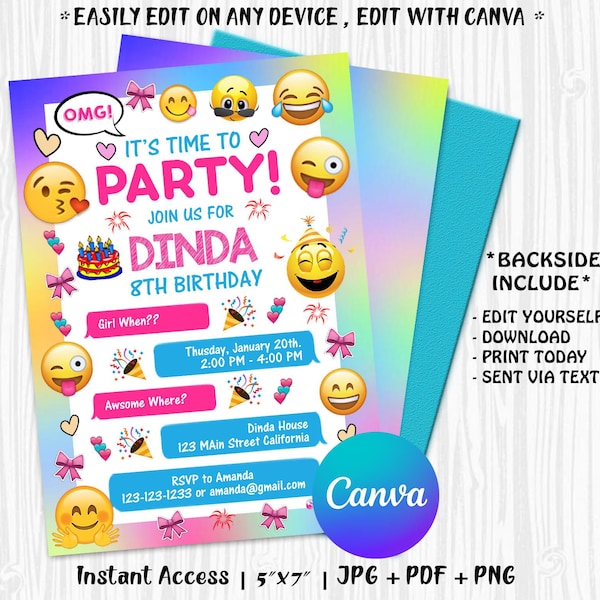 Emoji Invitation, Emoji party invitation, Emoji Party, emoji birthday invitation, Girl Birthday invitation, Emoji invite Download CANVA