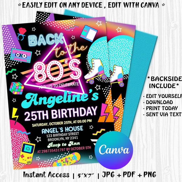 Editable 80's Birthday Invitation, 80's Party Invitation, 80's Invitation, 80’s Birthday Party Invitation with CANVA