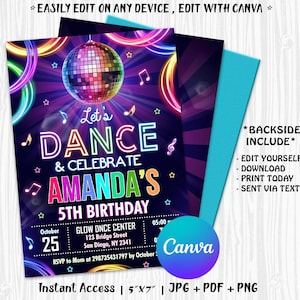 Tanzparty-Geburtstagseinladung, Tanzparty einladen, Glow Dance Party, Neon Dance Party, Bearbeitungsdatei mit CANVA