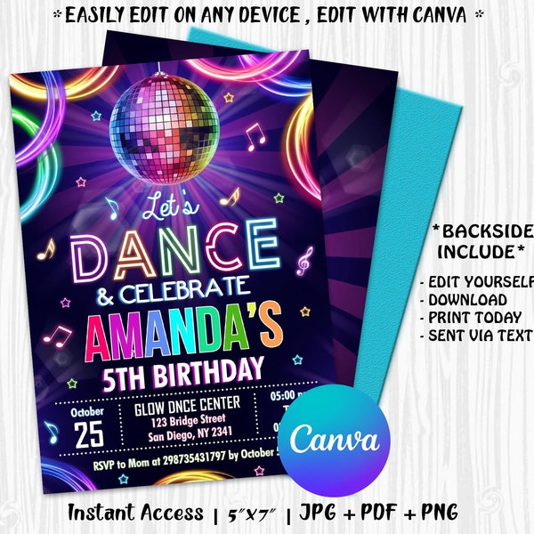 Dance Party Birthday Invitation, Dance Party Invite, Glow Dance Party, Neon Dance Party, Edit File with CANVA