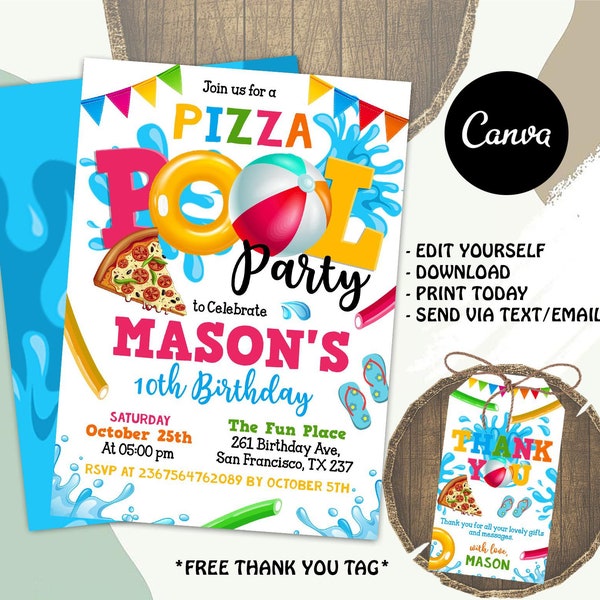 Pizza Pool Party Invitation, Boy Pool Party, Pizza and Pool Party Invite, Swimming Party, Instant Download, Editable Template