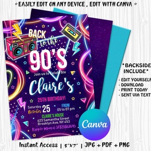 Faire-part d'anniversaire des années 90, invitation de fête des années 90, invitation d'anniversaire des années 90, fête d'anniversaire rétro, invitation mobile, modifiable avec CANVA