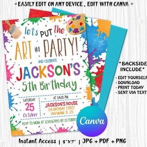 Uitnodiging voor kunstfeestje, Art Party Girl verjaardagsuitnodiging, Art Birthday Party, Paint Party Invite, Instant Download