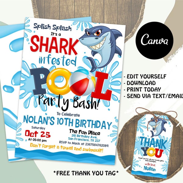 Shark Pool Party Invitation, Shark Birthday Invitation, Shark birthday, Shark Party, Digital File