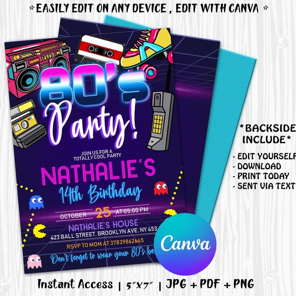 Editable 80's Birthday Invitation, 80's Party Invitation, 80's Invitation, 80’s Birthday Party Invitation with CANVA