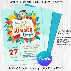 Bearbeitbare Sommerparty-Einladung, Sommerparty-Einladung, Strand-Einladung, Sommer-Strand-Einladung, Sommerparty mit CANVA