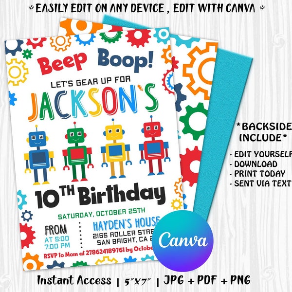 Robot Invitation, Robot Birthday Invitations, Robot Party, Robot Birthday Instant Download with CANVA