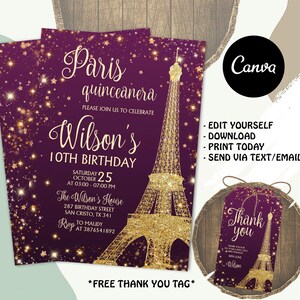 Faire-part d'anniversaire modifiable Paris, Faire-part Paris, Faire-part Paris personnalisé, Faire-part Paris avec CANVA