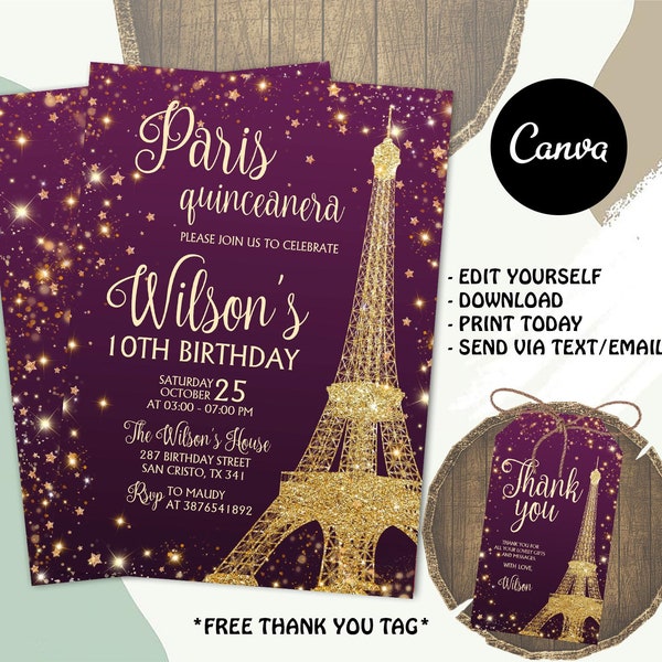 Editable Paris Birthday Invitation, Paris Invitation, Paris Personalized Invitation, Paris Party Invite with CANVA