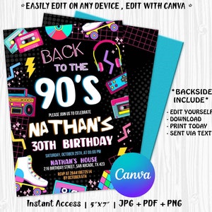 90's verjaardagsuitnodiging, 90's feestuitnodiging, 90's verjaardagsuitnodiging, retro verjaardagsfeestje, mobiele uitnodiging, bewerkbaar met CANVA