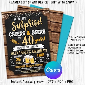 Cheers and Beers Surprise zu 40 Jahre Geburtstag Party Einladung. Jubel und Bier bis 40 Jahre. Einladungskarte zum 40.Geburtstag