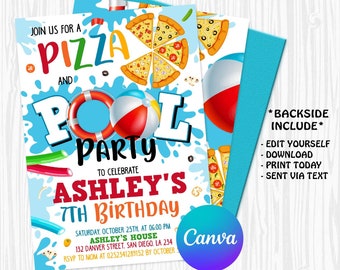 Pizza Pool Party Invitation, Boy Pool Party, Pizza and Pool Party Invite, Swimming Party, Instant Download, Editable Template