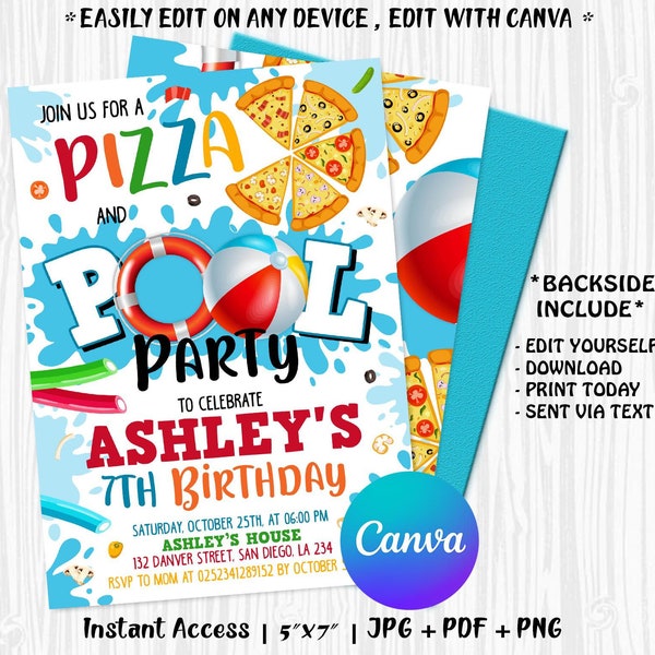 Pizza Pool Party Invitation, Boy Pool Party, Pizza and Pool Party Invite, Swimming Party, Instant Download, Editable Template