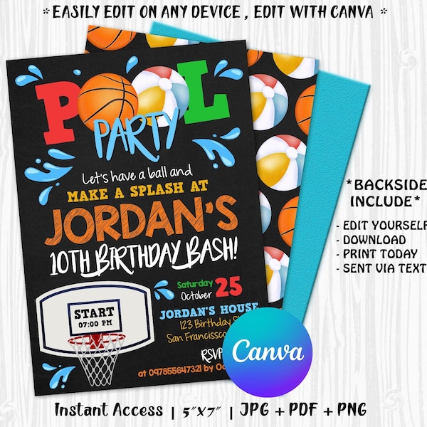 Basketball Pool Birthday Invite, Basketball Birthday Invitation, Sport Birthday Invitation, Sports Pool Invite, Pool Party INSTANT DOWNLOAD!