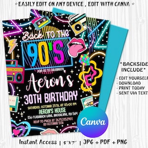 Convite editável para festa dos anos 90, convite de aniversário dos anos 90, convite de aniversário dos anos 90, de volta aos anos 90, convite de aniversário retrô, convite digital