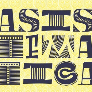 Puede incluir: Un diseño gráfico que presenta la palabra "ASIA" en una fuente estilizada con diferentes patrones y texturas para cada letra. Las letras son de color azul marino sobre un fondo amarillo.