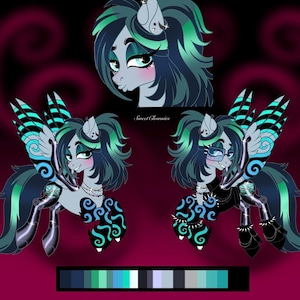 May include: A digital character reference sheet featuring a grey pony with teal and dark blue hair, wings, and robotic legs. The character is shown in three poses with varying accessories including glasses and jewelry. The text Sweet Clownies is visible.