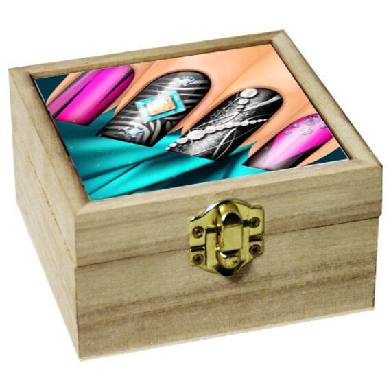 Boite en Bois Main Doigts Manucure Beauty Idée Cadeaux 10x10x6 cm Boite A Bijou Bois