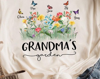 Mormors trädgårdströja, födelseblomströja med barnnamn, personlig mammatröja, morsdagspresent