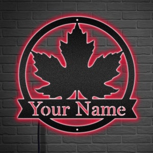 Ahornblatt Metallschild, Kanada Metallschild, personalisierte Led Ahornblatt-Monogrammschild, Familienadressschild, kanadisches Metallschild