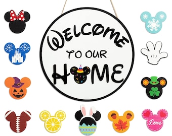 19Pcs Mouse Seasonal Interchangeable Welcome Door Sign, Welcome Hanging Signs, Wooden Round for Autumn Halloween Thanksgiving Christmas