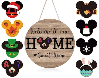 13 Pcs Seasonal Welcome Sign for Front Door Interchangeable Fall, Wreaths Rustic Wood Hanging Signs Welcome to Our Home Door Sign