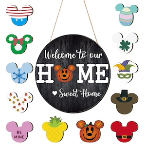 13 Pcs Halloween Mouse Decor,Welcome Sign for Front Door Interchangeable Fall, Wood Hanging Signs Welcome Porch Door Sign for Halloween
