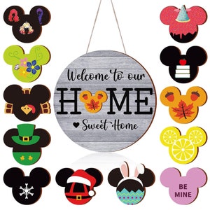 13 Pcs Halloween Mouse Decor,Welcome Sign for Front Door Interchangeable Fall, Wood Hanging Signs Welcome Porch Door Sign for Autumn