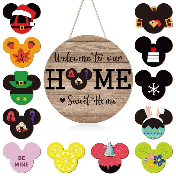 13 Pcs Seasonal Welcome Sign for Front Door Interchangeable Fall, Wreaths Rustic Wood Hanging Signs Welcome to Our Home Door Sign