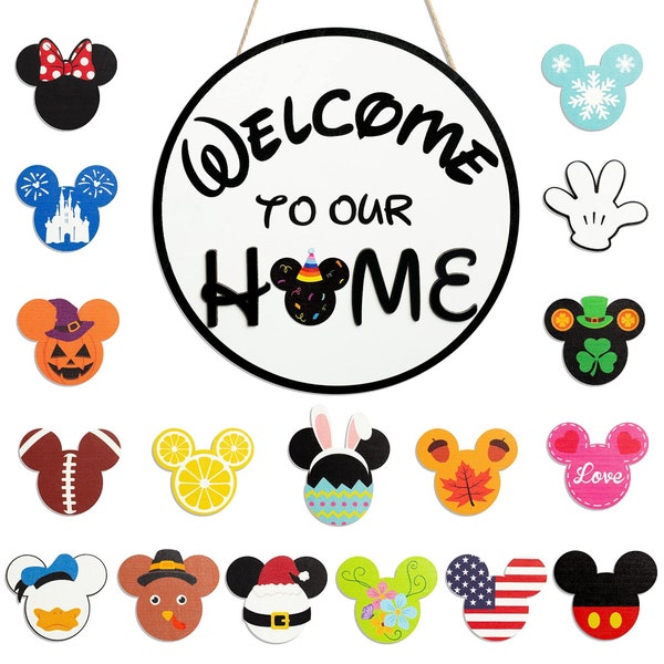 19Pcs Mouse Seasonal Interchangeable Welcome Door Sign, Welcome Hanging Signs, Wooden Round for Autumn Halloween Thanksgiving Christmas