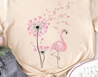 Flower Dandelion Pink Flamingo T-Shirt, Flamingo Lover Shirt, Pink Flamingo T shirt, Flamingo Lover shirt