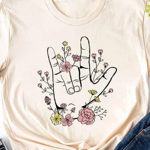 Liebe Gebärdensprache Shirt, ASL Shirt, taubes Shirt, Sprache Pathologie, Logopädin Geschenk, ASL Blumen T-Shirt, Hand Sprache Shirt