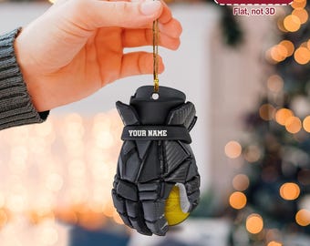May include: Black hockey glove ornament with the text "YOUR NAME" on a black band. The ornament is flat, not 3D, and has a gold string for hanging. The ornament also has the text "CUSTOM NAME" on a red banner.