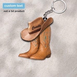Personlig nyckelring för cowboystövlar och hatt, 2D akrylnyckelring, personlig cowboy- och cowgirlpresent, present till hästälskare