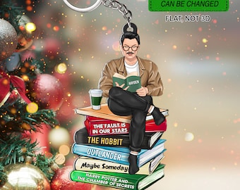 Personalized Man Reading Book Flat Keychain, Custom Book Titles Keychain, Book Reading Lover Keychain, Gift For Librarian, Gift For Men